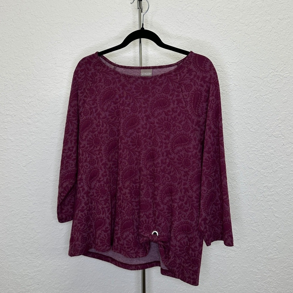 Chicos Purple Paisley Jacquard Knit Top Grommet Hem Size 2 L Large Long Sleeve